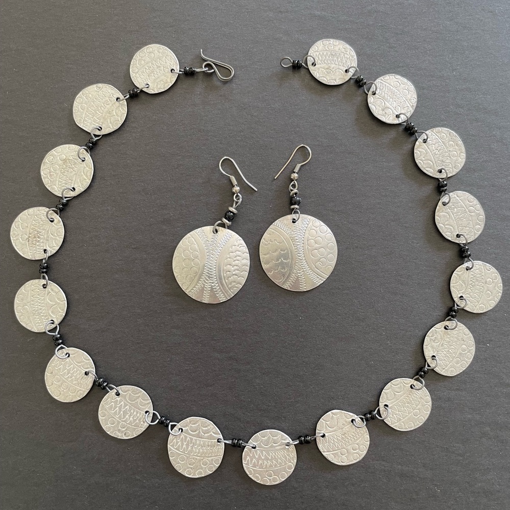 Chain & Earrings Set - Embossed Tin with Traditional Kenyan Design